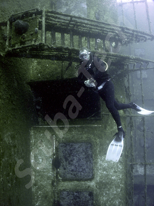 Zenobia wreck with Diver outside canteen entrance